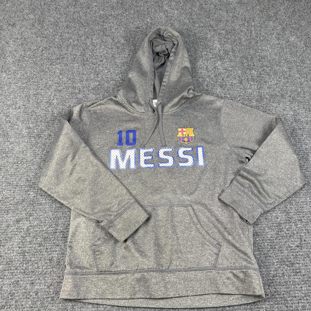 FC Barcelona Hoodie Mens Medium Gray Soccer Messi 10 FCB Crest Pullover